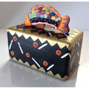 Box Trinket Jewelry Decor Handcrafted Wood Fish Lid Hinged Signed